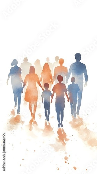 Fototapeta A watercolor, realistic, and detailed illustration of a group of people holding hands in different colors and skin tones