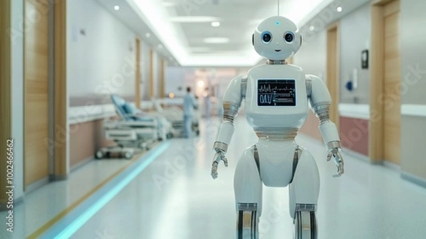 Fototapeta AI-powered robots assisting in healthcare facilities, providing medical support and helping with patient care in a modern urban hospital