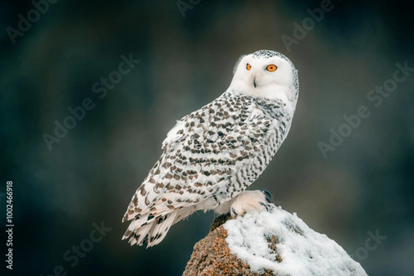 Obraz Snowy Owl with Striking Yellow Eyes Sitting on Snow-Covered Rock in Winter Forest (Bubo scandiacus)