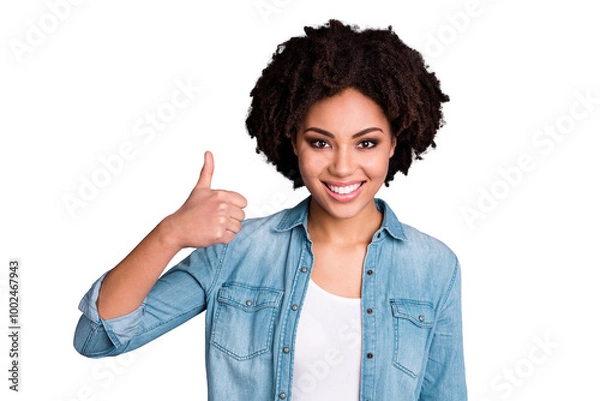 Fototapeta Portrait of cute positive lady youngster advertise choice decision approve agree tip sale news discount feel glad content dressed jeans isolated grey background