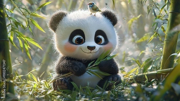 Fototapeta   A panda bear sits in green grass, holding a bird on its head and surrounded by a bamboo tree background