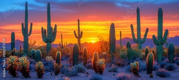 Fototapeta Colorful sunset over arizona s southwest desert with cacti in the wild west landscape