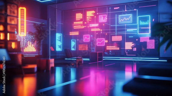 Fototapeta A glowing project management flowchart hovers, with neon shapes and progress lines in a futuristic office. v2
