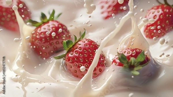 Fototapeta   A strawberry splashes into a white liquid with white and green strawberries on a white surface