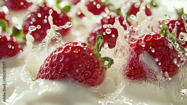 Fototapeta   A collection of strawberries resting atop a frosted cake with sprinkles