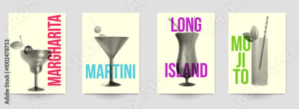 Obraz Set of abstract silhouette cocktails with alcohol or juice in minimalistic geometric flat style. Creative colorful composition. Concept for branding menu, cover, flyer, banner. Vector illustration.