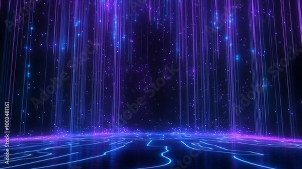 Fototapeta Abstract digital background with vibrant pink and blue lines creating a starry effect, ideal for futuristic designs.