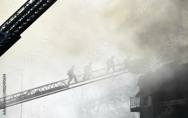 Fototapeta Firefighters behind the smokes 