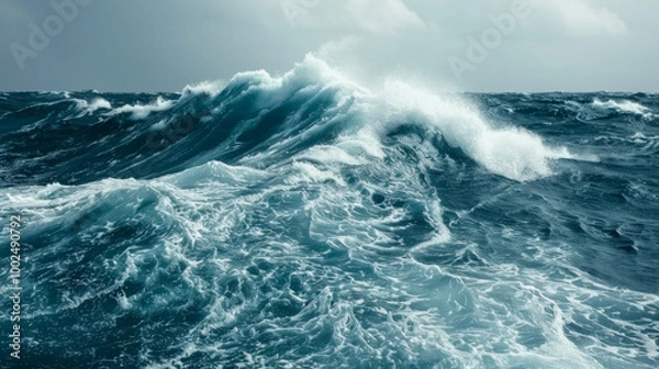 Fototapeta Mighty ocean waves crashing under a cloudy sky during a storm in the open sea