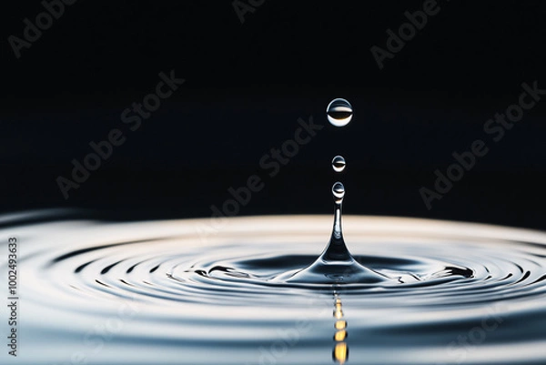 Fototapeta A drop of water is falling into a body of water, creating a ripple effect. Concept of calmness and tranquility, as the water droplet gently touches the surface of the water