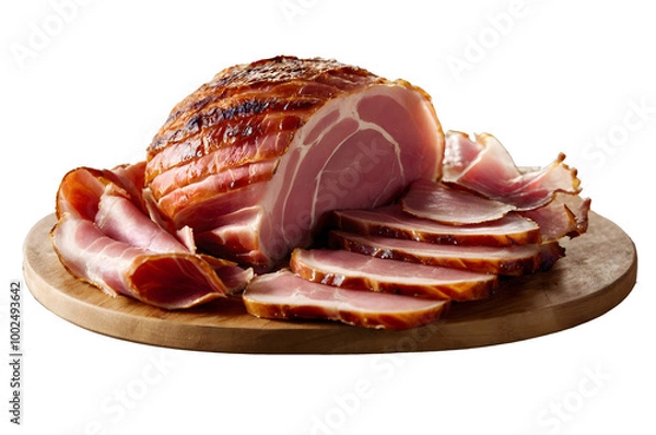 Fototapeta Sliced Smoked Ham on Wooden Board Isolated on Transparent Background