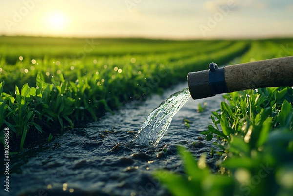 Fototapeta A hose is being used to water a field of grass. The water is coming out of the hose and is flowing into the grass