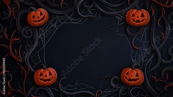 Obraz A spooky Halloween border for worksheets, with twisting vines covered in cobwebs wrapping around the edges
