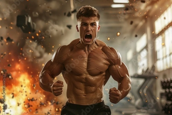 Fototapeta Intense muscular athlete in a high-energy explosion gym scene.