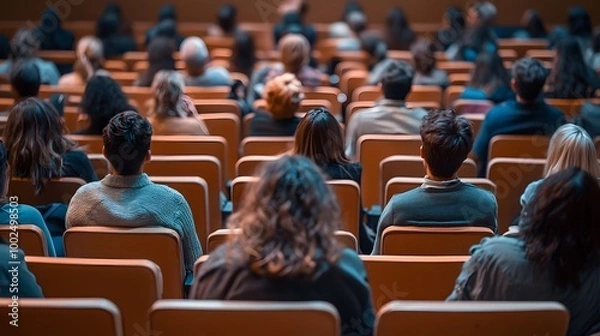 Fototapeta A group of people sitting in an auditorium, listening to someone giving their views on something