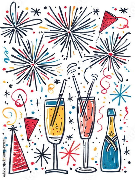 Fototapeta New Year and Christmas card, graphic advertising backgrounds in a doodle 2D illustrator style.