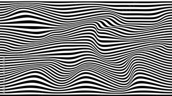 Obraz Psychedelic wave optical illusion. Abstract vector distorted background with black and white lines. Op art pattern textures.