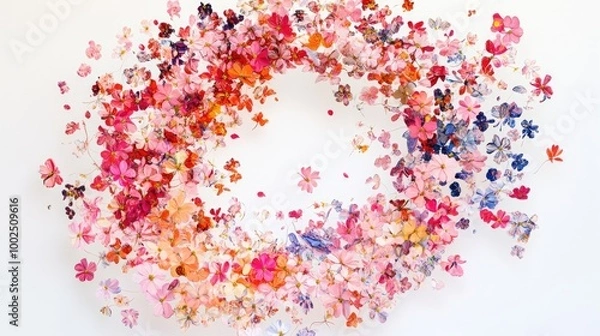 Fototapeta Swirling trails of vibrant tiny flowers create a mesmerizing abstract pattern, floating gracefully on a white background
