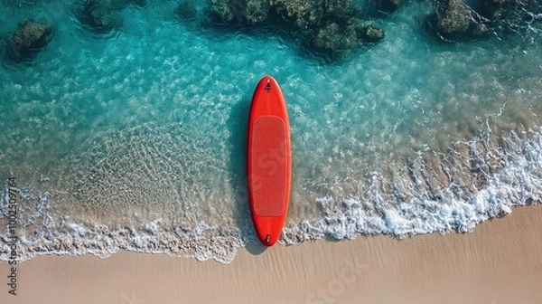Fototapeta paddle board or supboard in red color on the sandy shore of the bay, perfect for paddle surfing, water fitness, and outdoor summer fun