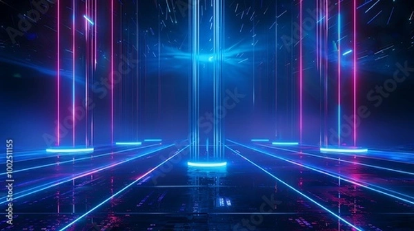 Fototapeta Futuristic neon landscape with vibrant blue and pink lights, creating a dynamic, immersive environment.