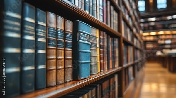 Fototapeta law office library with rows of legal books and references arranged on bookshelves, providing essential resources for legal professionals