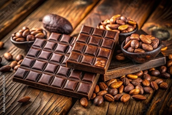Fototapeta Luxurious dark chocolate bars beautifully displayed on a rustic wooden surface, accompanied by scattered cocoa beans,