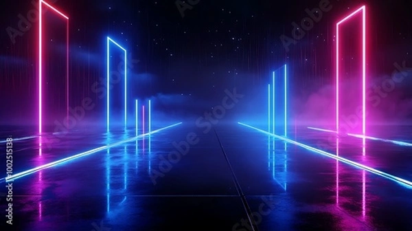 Fototapeta Futuristic neon lights create a vibrant landscape in a dark atmosphere with reflections and a sense of depth.