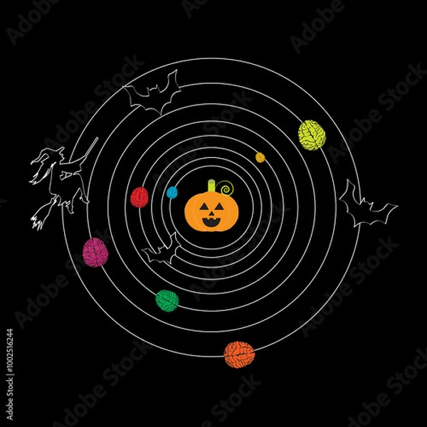 Fototapeta Witches, bats, and brains in orbit with the pumpkin as their earth. Happy Halloween!