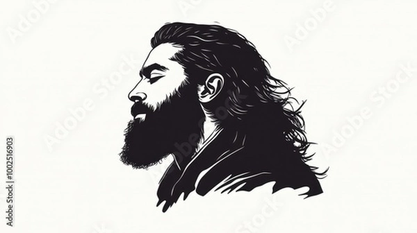 Fototapeta Sketch style silhouette of a bearded man with long hair on a white background Illustration in a 2D cartoon style