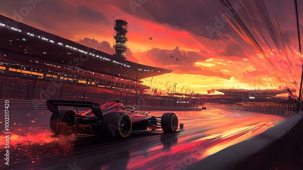 Fototapeta Grand Prix circuit drenched in sunset colors, cars speed by, capturing the thrill of racing-3