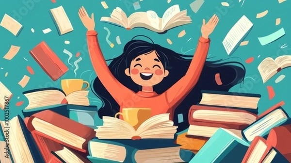 Fototapeta Colorful 2D cartoon illustration featuring a joyful student surrounded by a pile of books and a cup of tea celebrating the joy of learning