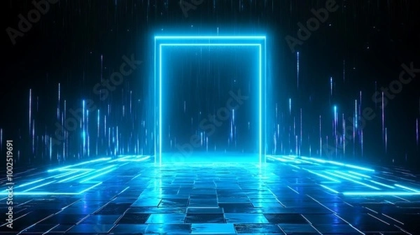 Fototapeta Futuristic neon portal with glowing lights, creating a digital atmosphere for technological themes.