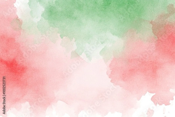 Fototapeta Colorful watercolor texture with red, green, and soft pink shades on a white background.