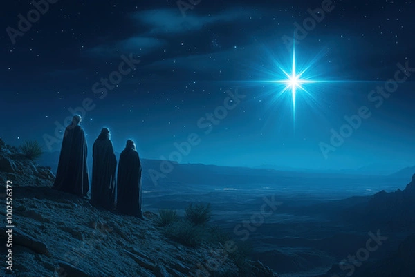 Fototapeta Three kings standing on a cliff are following a bright star over a desert landscape at night
