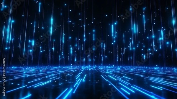 Fototapeta Vivid blue digital data streaming across a dark background, creating a futuristic visual effect.