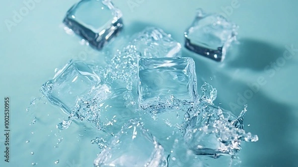 Fototapeta Ice cubes falling into clear water, creating bubbles and a refreshing splash, perfect for a hot summer day