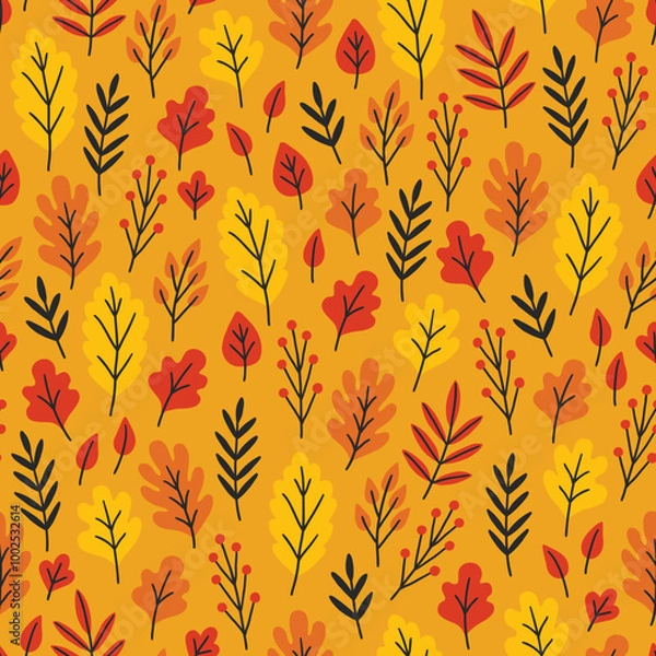 Obraz Autumn seamless pattern with colorful leaves on yellow background. Perfect for wallpaper, gift paper, greeting cards. Vector illustration