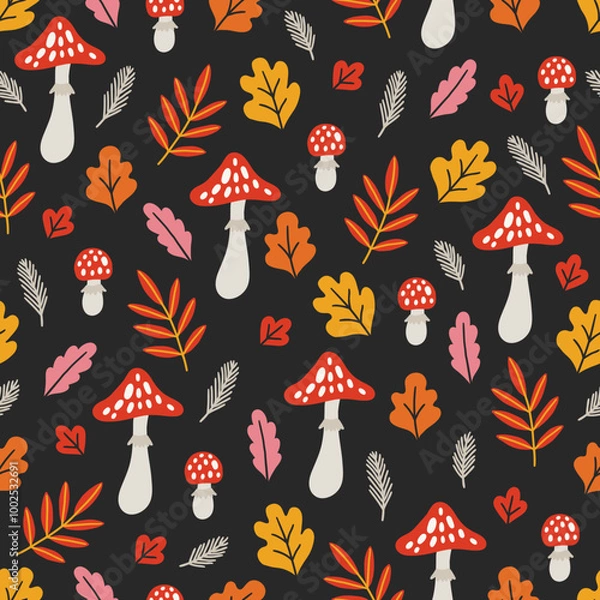 Obraz Autumn seamless pattern with mushrooms, leaves, fir branches on black background. Perfect for wallpaper, gift paper, greeting cards. Vector illustration