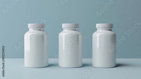Fototapeta Three white pill bottles with white caps on a blue background. The bottles are empty and ready for your design.