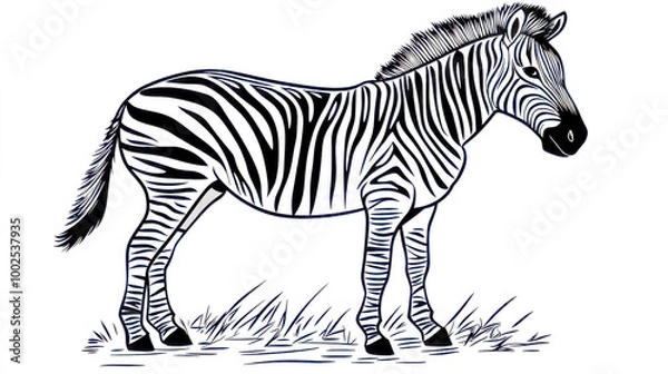 Fototapeta Zebra standing on grassland looking to the left