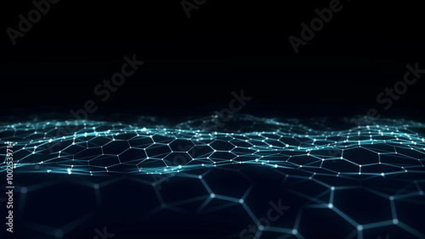 Fototapeta Futuristic hexagon wave. Dark cyberspace. Abstract wave with dots and line. Blue moving particles on background. 3d rendering.