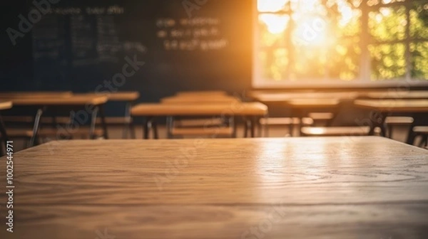 Fototapeta Vintage Classroom Ready for Learning: Empty wooden chairs and desks in a well-lit school environment, back to school concept.
