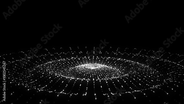 Fototapeta Futuristic wave. Dark cyberspace. Abstract music sound wave with dots. White moving particles on a black background. 3d rendering.