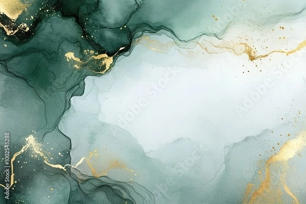 Fototapeta Abstract green and gold watercolor background with fluid shapes and organic lines.