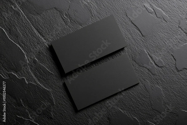 Obraz  Black business card mockup on a black background, top view. Minimalist design with empty space for text and branding. Created with Ai