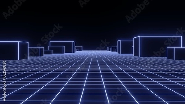 Fototapeta Technology wireframe landscape. Perspective grid with sticking cubes. Digital space with geometric shapes. Mesh on a black background. 3d rendering.