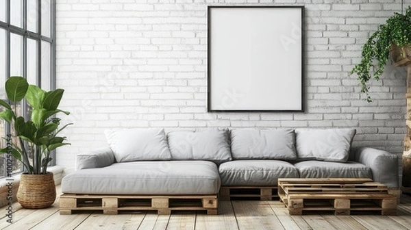 Fototapeta Modern Minimalist Living Room with a Pallet Sofa and a Blank Canvas