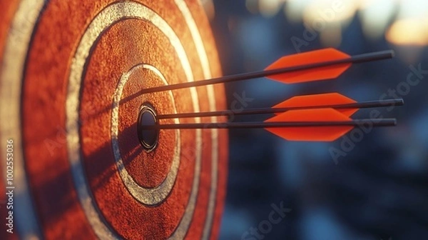 Obraz red dart arrows hitting bullseye perfectly, symbolizing focus, determination, and accuracy in achieving success and goal accomplishment in a competitive and performance-driven scenario
