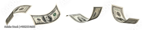 Fototapeta Realistic floating 100 dollar bills, money flying through the air, isolated on transparent background for business, finance, and economic projects.