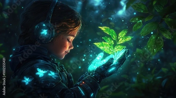 Fototapeta Futuristic child embracing nature: digital harmony in a sci-fi forest